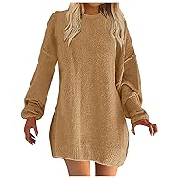 2023 Women Sweaters Mini Dress Casual Crewneck Long Sleeve Oversized Ribbed Knit Dress Fall Slouchy Soft Pullovers