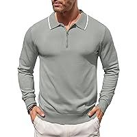 COOFANDY Men's Knit Polo Shirt Long Sleeve Quarter Zip Polo Sweater Casual Golf Shirts Vintage Striped Collar Polo