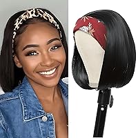 Headband Wig Human Hair Straight Head Band Wigs for Black Women Easy Wear and Go Glueless Half Wigs Short Bob None Lace Made of 150% Density 100% Brazilian Virgin Human Hair Natural Color 10 Inch
