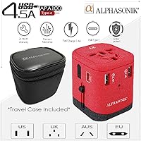 Alphasonik Worldwide Universal International Travel Power Adapter AC Wall Charger Plug 4 USB Ports Type-C Fast Charging 3.0A for USA UK AUS European Cell Phone Tablet Laptop iPhone w/Free Travel Case