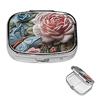 Embroidered Roses Pill Box Small Metal Pill Case for Purse & Pocket 2 Compartment Pill Organizer with Mirror Travel Pillbox Medicine Case Portable Pill Container Unique Gift