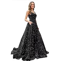 Women's Sparkly Sequin Prom Dresses Long A Line Evening Party Dress with Pockets