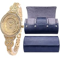 SIBOSUN Lady Women Wrist Watch Quartz Gold Watch Roll Travel Case Watch Box Luxury PU Leather