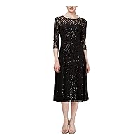 S.L. Fashions Women's Tea Length Three Quarter Sleeve Sequin Lace Dress