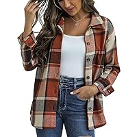 Traleubie Women's Flannel Jacket Plaid Shacket Lapel Button Down Long Sleeve Shirt Color Block Casual Coat