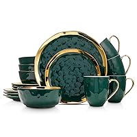 Stone Lain Porcelain 16 Piece Dinnerware Set, Service for 4, Green and Golden Rim