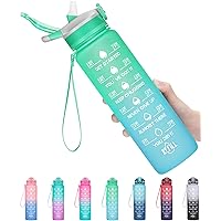 32oz Leakproof Motivational Sports Water Bottle with Straw & Time Marker, Flip Top Durable BPA Free Non-Toxic Frosted Bottle Perfect for Office, School, Gym and Workout