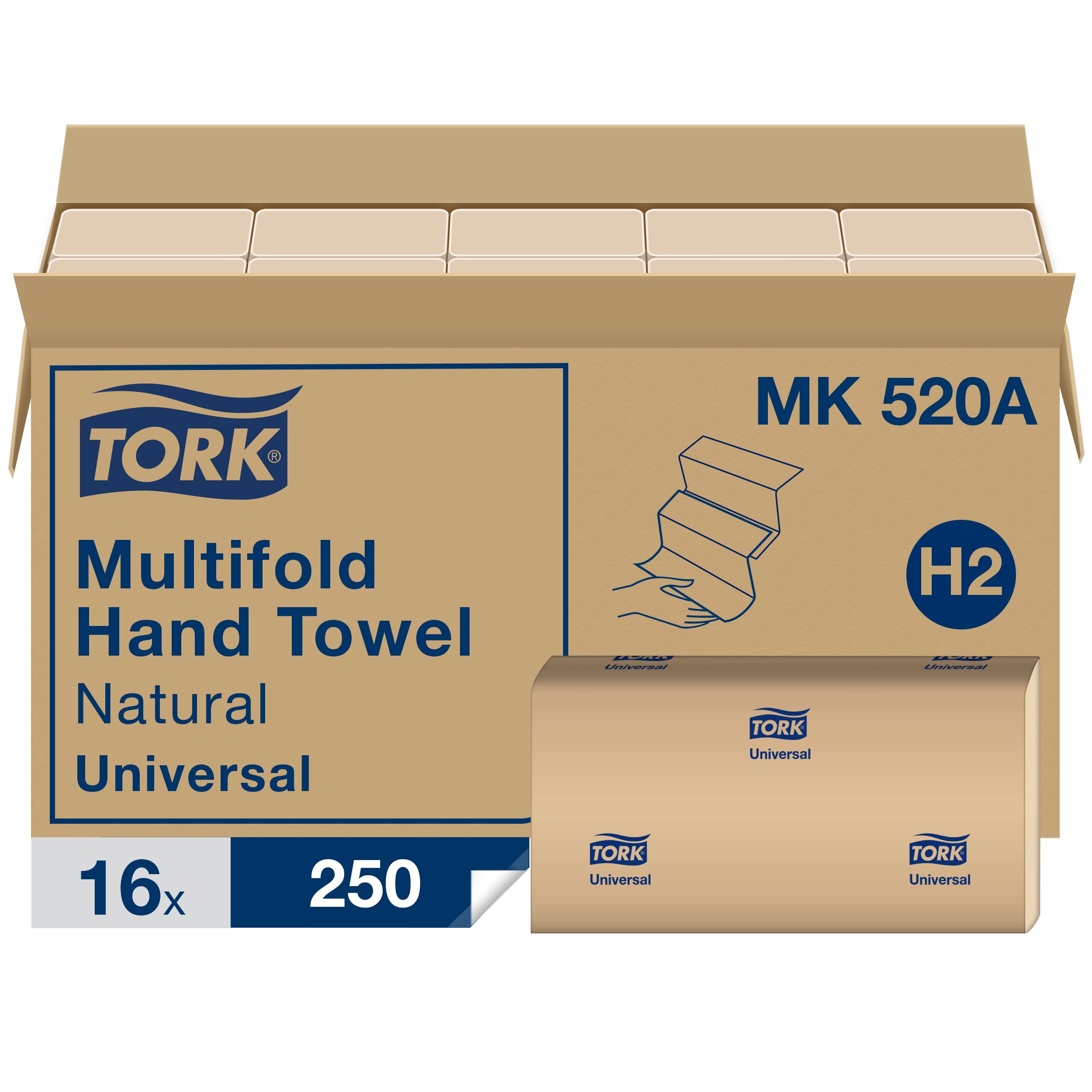 Tork Multifold Hand Towel Natural H2, Universal, 100% Recycled Fibers, 16 x 250 Sheets, MK520A