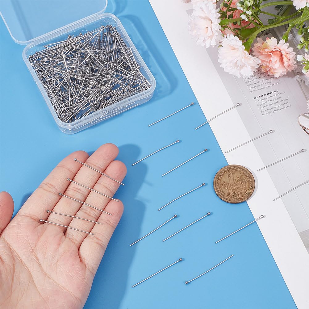 UNICRAFTALE About 400pcs Stainless Steel Ball Head Pins 35mm Metal End Eye Pins Straight Ball Head Pins Findings Earring Pins for Earring Bracelet Jewelry Making