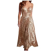 Womens Party Dress Sequins Glitter Sparkly Sexy V-Neck Long Dress Formal Evening Prom Gowns Tea Length A-line Cocktail Dress