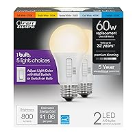 Feit Electric A19 LED Light Bulb, 60W Equivalent, Dimmable, Color Selectable 6-Way, E26 Medium Base, 90 CRI, 800 Lumens, 22-Year Lifetime, OM60DM/6WYCA/2, 2-Pack