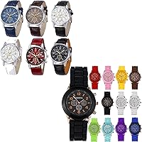 6 Pack Men's Leather Quartz Watch Geneva + 10 Pack Unisex Silicone Jelly Watches