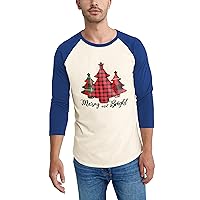 Ma Croix Mens Christmas Winter Holiday Festive Plaid Style Trees 3/4 Sleeve Classic Raglan Style Tee Shirt