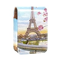 Spring Eiffel Tower Small Lipstick Case With Mirror For Purse, Durable Leather Cosmetic Makeup Holder, Portable Travel Cosmetic Storage Kit, Multicolor, 9.5x2x7 cm/3.7x0.8x2.7 in