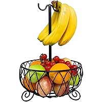 Large Wire Fruit Basket Bowl Stand with Banana Hanger,Fruit Bowl with Banana holder Black