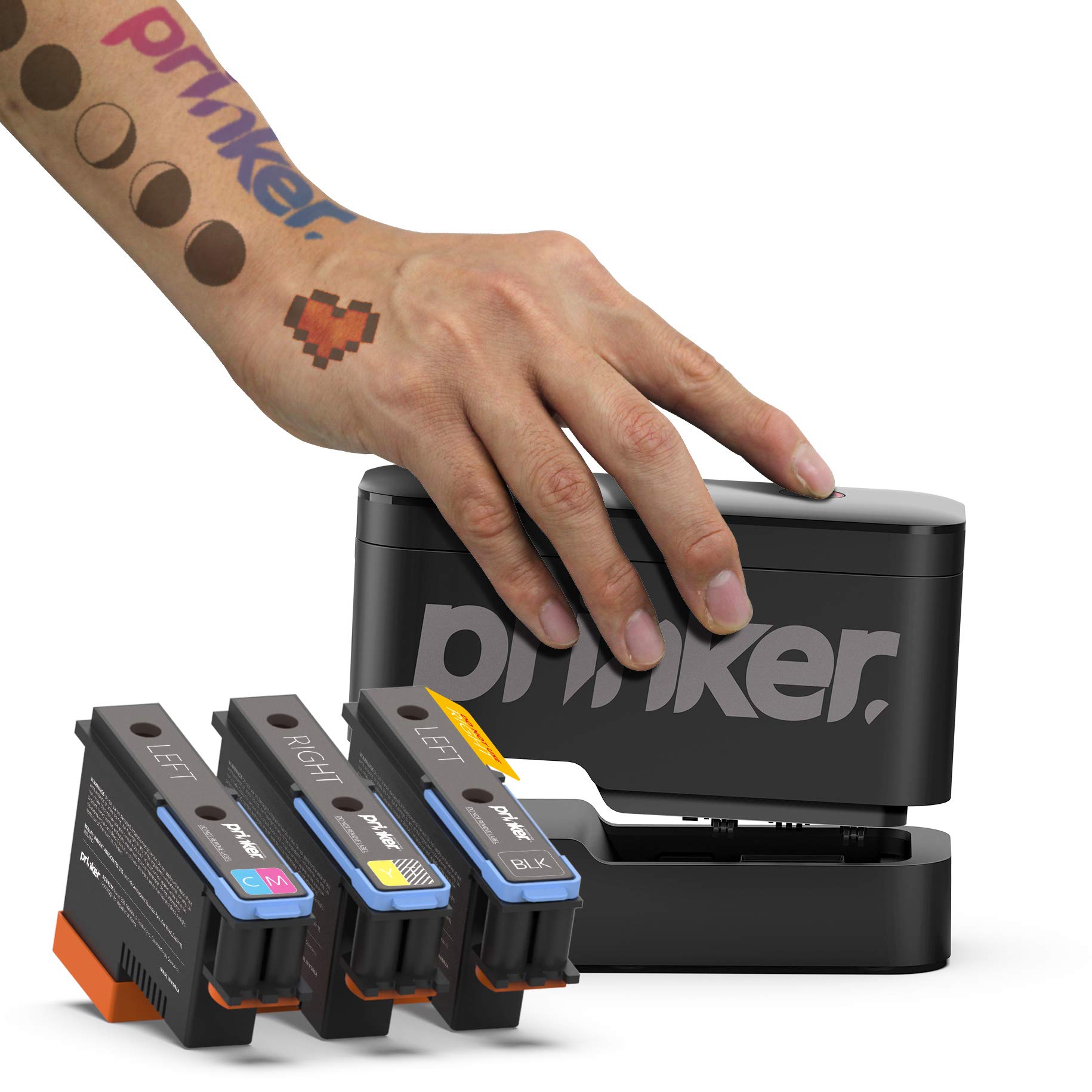Prinker S Temporary Tattoo Device Package for Your Instant Custom Temporary Tattoos with Premium Cosmetic Full Color + Black Ink - Compatible w/iOS & Android devices