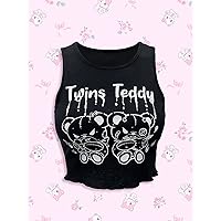 Women's Shirts Women's Tops Shirts for Women Letter Bear Graphic Lettuce Trim Tank Top (Color : Black, Size : Large)