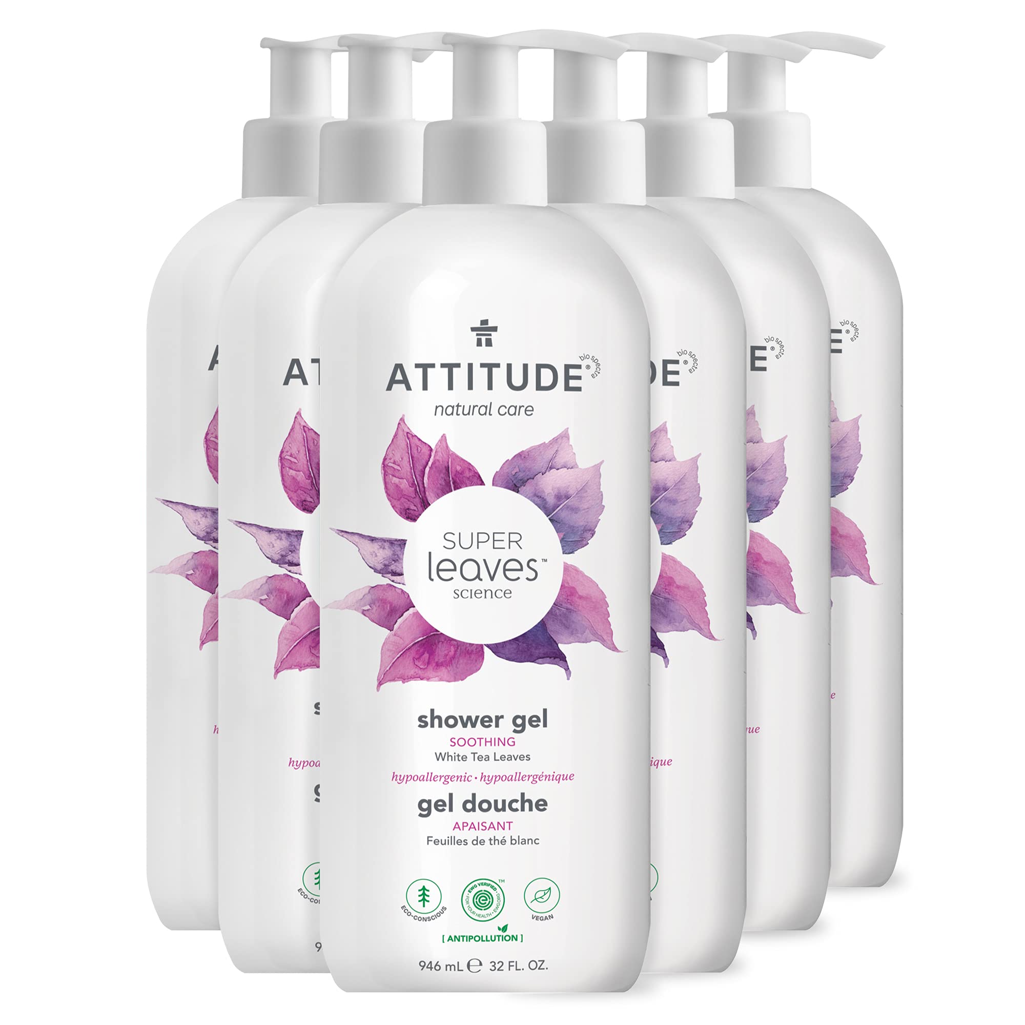 ATTITUDE Body Wash, EWG Verified, Plant- and Mineral-based Ingredients, Vegan and Cruelty-free Shower Soap, White Tea Leaves, 32 Fl Oz (Pack of 6) (11597)