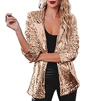Womens Sequins Jacket Plus Size Lightweight Casual Long Sleeve Glitter Party Shiny Lapel Coat Rave Outerwear