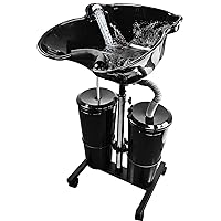 Portable Mobile Shampoo Bowl, Portable Hair Washing Station with 2 Bucket and Drain Hoses Basin Unit Set, Adjustable Height Hair Washing Sink with Pump & Foot Pedal & Brakes