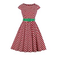 Flygo Womens 1950s Cap Sleeve Vintage Polka Dot Swing Dresses with Belt