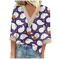 Womens Summer 3/4 Length Sleeve Floral V-Neck Tops 2025, Casual Lace Trim Women's T-Shirts, Blouses for Women Dressy