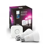 Philips Hue Smart Light Starter Kit - Includes (1) Bridge and (2) 60W A19 LED Bulb, White and Color Ambiance Color-Changing Light, 800LM, E26 - Control with App or Voice Assistant