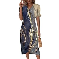 Spring Dresses for Women 2024 Casual V Neck Solid Color Dress Button Short Sleeve Dress Elegant Flowy Midi Dress