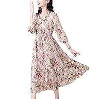 Women's Vintage Elegant Mulberry Silk Print Dresses Summer Ethnic Style Casual Loose Party Prom Long Dress