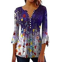 Womens Tops, Women's 3/4 Sleeve Tops Hawaii Button Down V Neck T-Shirt Flower Printed Pleated Blouses Sexy Summer Tops 2024