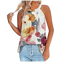 Womens Casual Tank Tops Summer Halter Tanks for Woman Sleeveless Pleated Tunic Top Ladies Loose Floral Print Blouse
