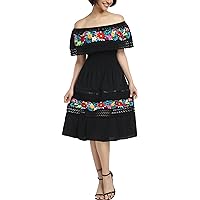 YZXDORWJ Mexican Dress for Women Embroidered Traditional Boho Theme Fiesta Floral Lace Off-Shoulder Ruffle Party Dress