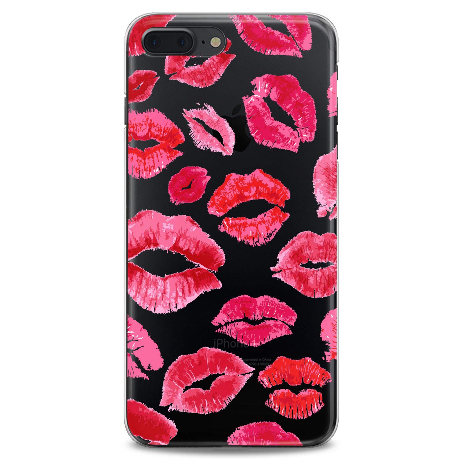 Cavka TPU Case Compatible with iPhone 15 14 13 12 11 Pro Max Plus Mini Xs Xr X 8+ 7 6 5 SE Red Kisses Flexible Silicone Clear Slim fit Female Design Cute Bright Big Lips Pink Print Girlish Lipstick