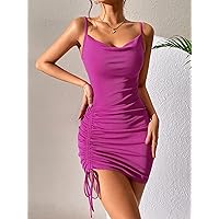 2022 Women's Dresses Draped Collar Drawstring Front Cami Bodycon Dress Women's Dresses (Color : Hot Pink, Size : Large)