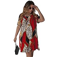 OYOANGLE Women's Plus Size Leopard Paisley Print Scoop Neck Short Dress Straight Tunic Dress