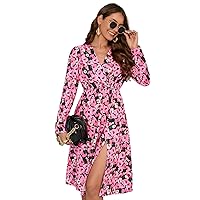 Chic Exclusive Women Maxi Dress Leopard Floral Printed V-Neck Split Long Sleeve Winter Boho Dress