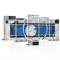 KREATIVE ARTS 5 Pieces Modern Abstract Canvas Art Black Blue and Grey White Circle Geometric Painting Giclee Prints Framed Wall Decor for Home and Office Ready to Hang 60x32 inches