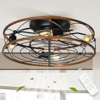 YITAHOME Caged Ceiling Fans with Lights Remote Control, 20'' Bladeless Low Profile Ceiling fan, 6 Speeds Flush Mount Enclosed Ceiling Fans with Reversible Motor, Matte Black (4 E26 Bulb Include)