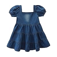 Toddler Girls Summer Short Sleeve Square Neck Frilly Denim Dress Skirt Casual Piano Recital Dress for