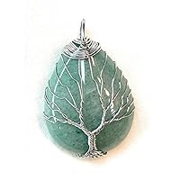 Tree of Life Oval Wire Wrapped Gemstone Pendant - Rose Quartz, Tiger Eye, Howlite, Aventurine, Amethyst, Green Aventurine
