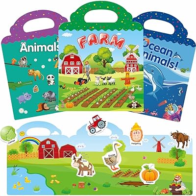 Sticker Books for Kids 2-4, Reusable Sticker Book Farm, Dinosaur and Vehicles Theme Activity Books Stickers for Boys Preschool Education Learning Toys