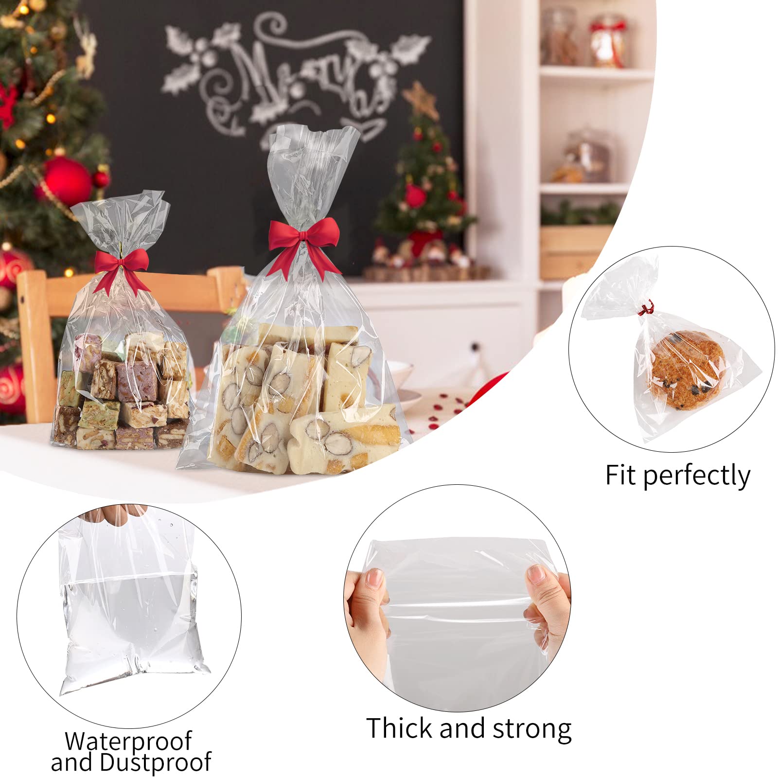 MoloTAR 100 Pcs 10 in x 6 in(1.4mil.) Clear Flat Cello Cellophane Treat Bags Good for Bakery, Cookies, Candies,Dessert with 5 random Twist Ties!