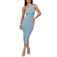 ZESICA Women's Summer One Shoulder Bodycon Midi Dresses 2024 Casual Sleeveless Ribbed Knit Side Slit Vacation Dress