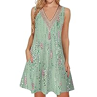 Summer Dresses for Women 2024 Trendy Lace V Neck Sleeveless Dressy Casual Sundress with Pocket Tank Dress Today Deals Prime(3-Green,X-Large)