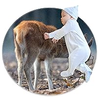 Round Rug Animal Deer Baby Play Gym Mat Playmat Activity Gym Floor Mat for Toddler Kids Soft Sleeping Mat 31.5x31.5 inches