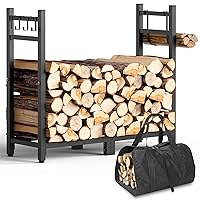 Brightown Firewood Rack Indoor with Log Carrier, 34inch Outdoor Wood Rack for Firewood,Fire Wood Storage with Kindling Hooks, Adjustable Pads, Heavy Duty Logs Holder for Fireplace Deck Outdoor, Black