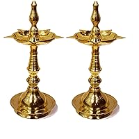 SATVIK 10 Inch Standing Brass Metal Kerala Samai Diwali Deepak for Puja Traditional Panchmahal Pooja Deepam Diya Oil Lamp Kutthu Vilakku Dia Deepawali Indian Gift Item Pack of 2
