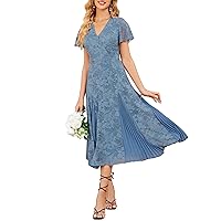 JASAMBAC Women's Lace Floral Midi Dresses Short Sleeve V-Neck Pleated A Line Wedding Guest Dress