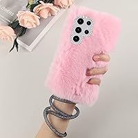 Losin Compatible with Galaxy S24 Ultra Case Cute Plush Furry Case with Glitter Lanyard Strap Bling Diamond Camera Lens Protection Soft Fluffy Shockproof Cover for Women Girls, Pink