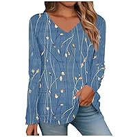 Black Long Sleeve Shirt for Woman,Tops for Women Long Sleeve V Neck Retro Printed Loose Fit Tunic T Shirts 2024 Summer Fashion Cute Tee Blouse Off The Shoulder Shirts for Women